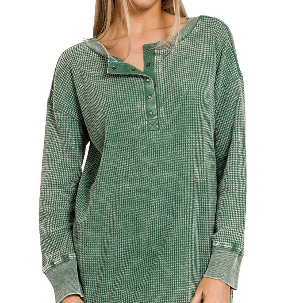 Zenana Washed Baby Waffle Henley Neckline Long Sleeve Top Dark Green